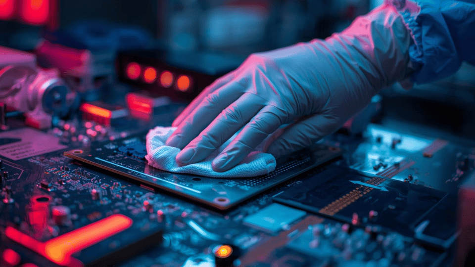 A gloved hand in a cleanroom using a specialized ESD wipe on a sensitive circuit board