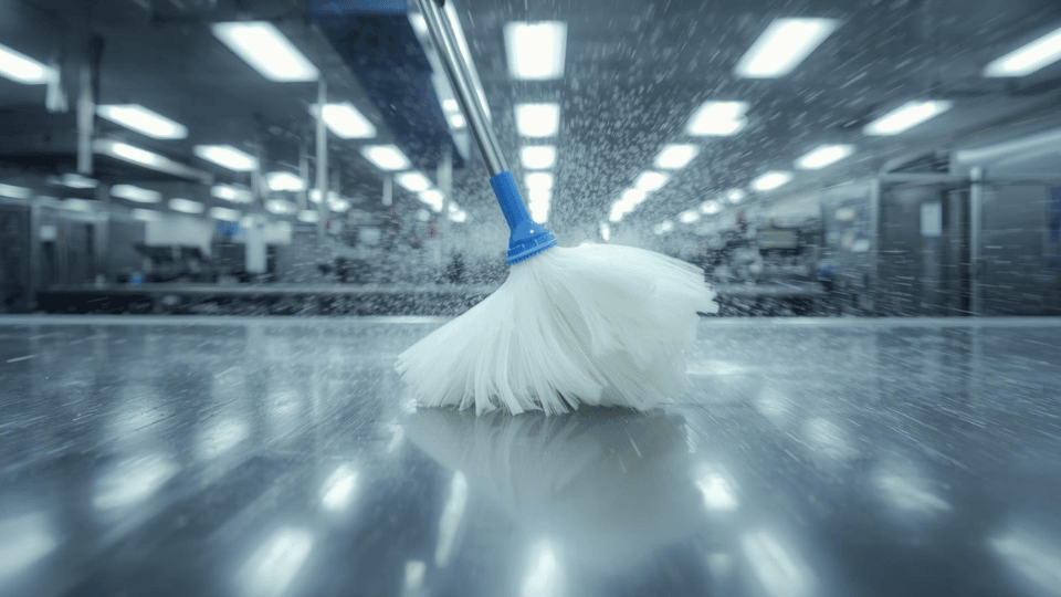 A versatile Spunlace wipe being used to clean a stainless steel surface in a food processing facility