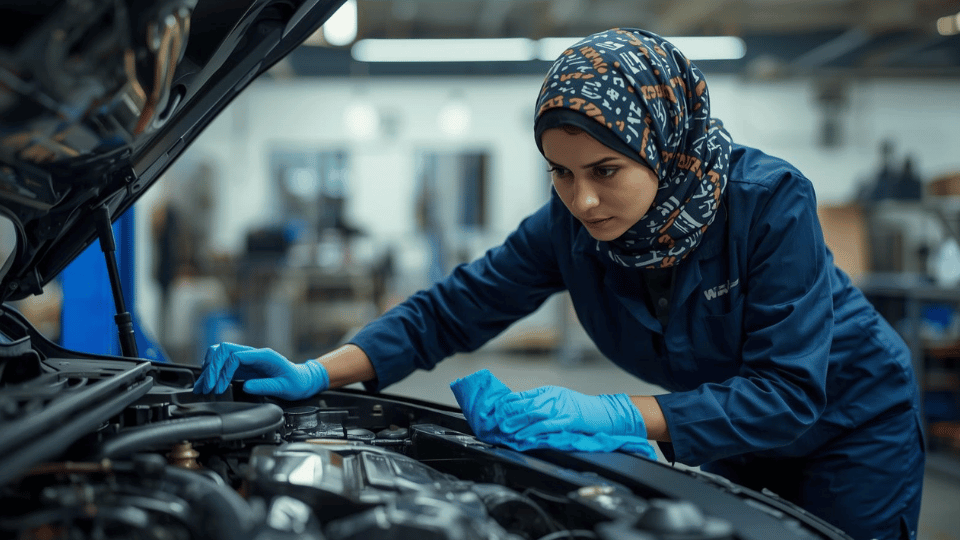 An automotive technician easily wiping thick grease off a car part with a polypropylene nonwoven wipe